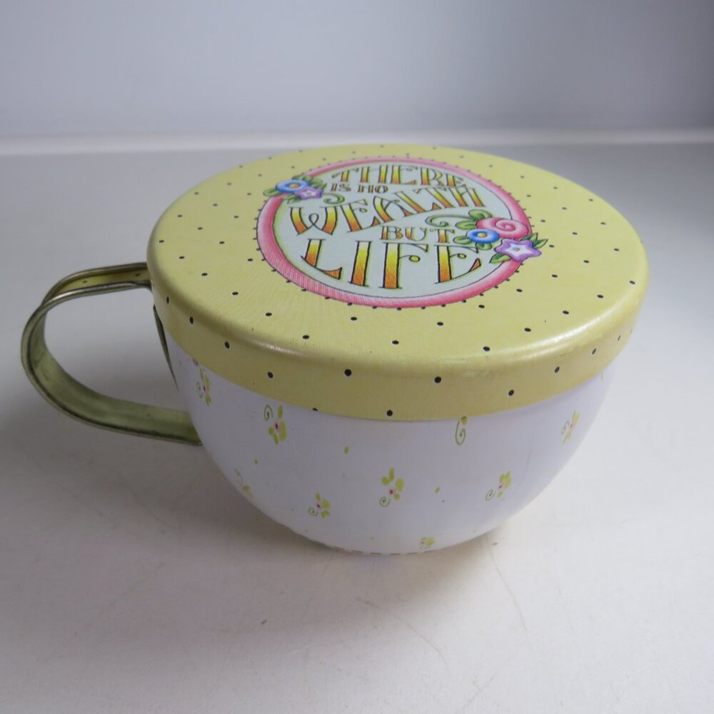 Mary Engelbreit “There Is No Wealth But Life” Tin Metal Teacup with Lid Yellow